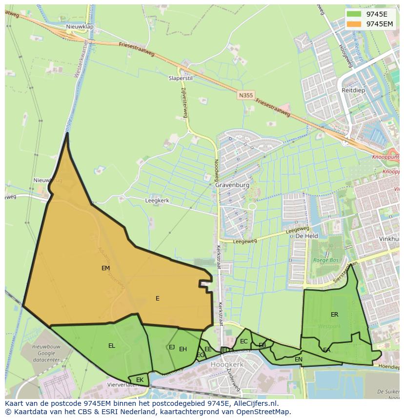 Afbeelding van het postcodegebied 9745 EM op de kaart.
