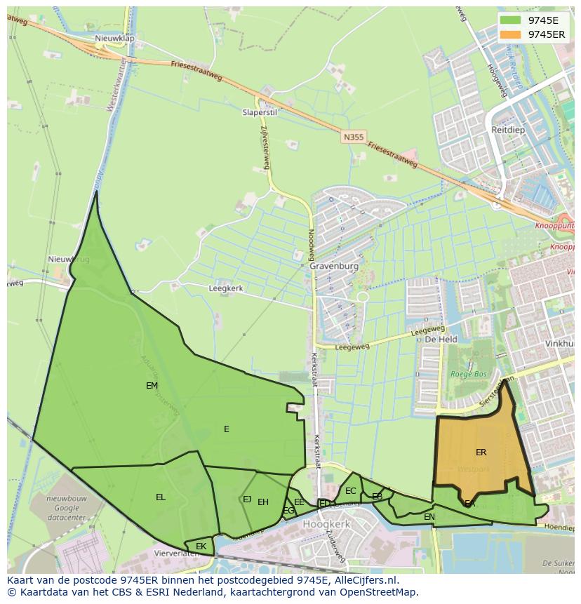 Afbeelding van het postcodegebied 9745 ER op de kaart.