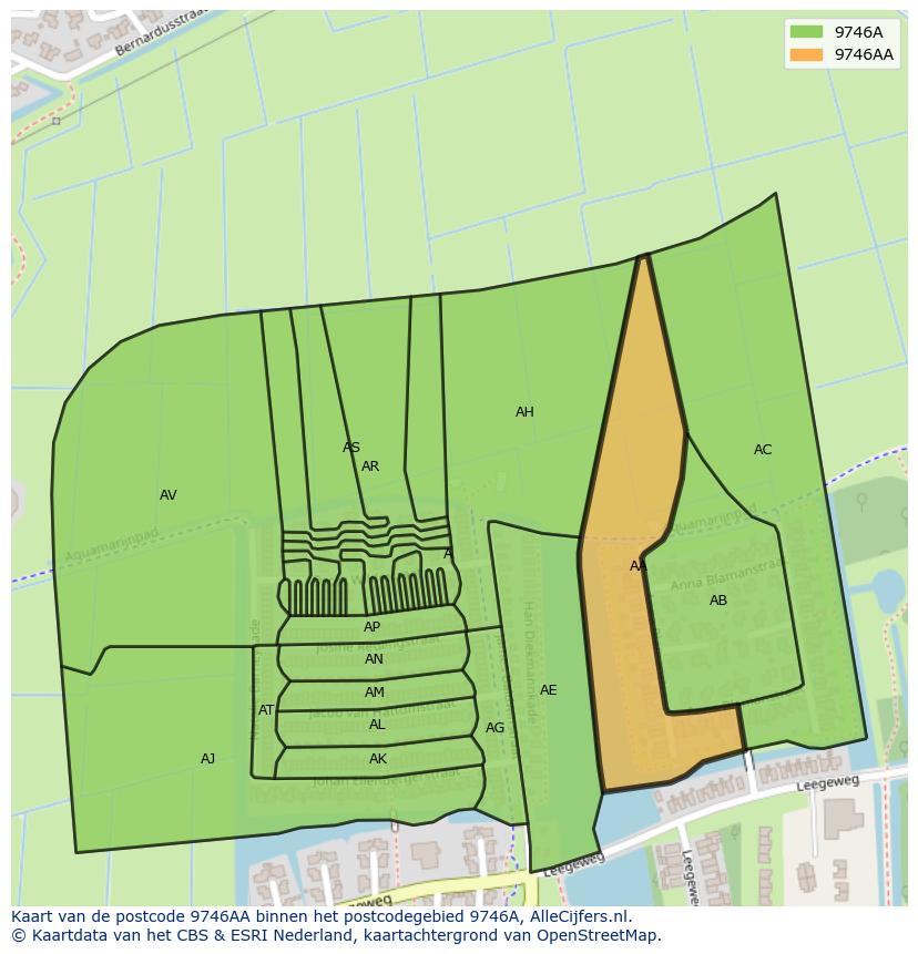 Afbeelding van het postcodegebied 9746 AA op de kaart.