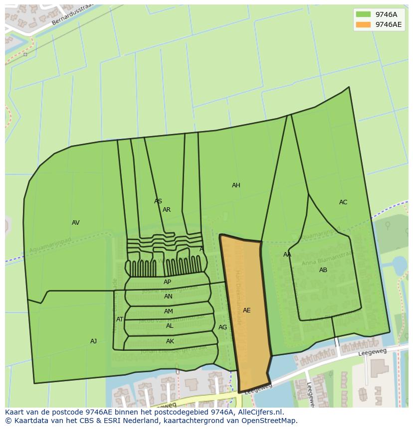 Afbeelding van het postcodegebied 9746 AE op de kaart.