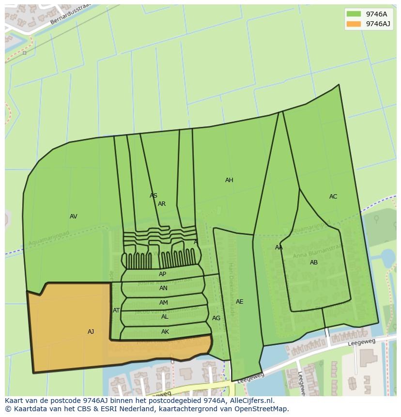 Afbeelding van het postcodegebied 9746 AJ op de kaart.