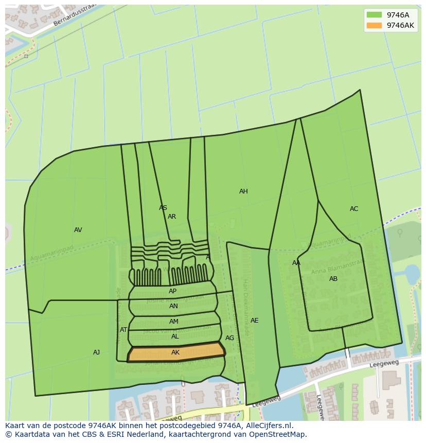 Afbeelding van het postcodegebied 9746 AK op de kaart.