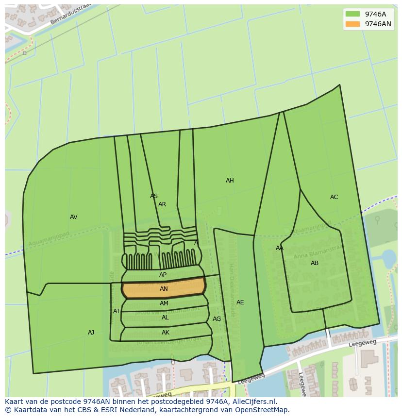 Afbeelding van het postcodegebied 9746 AN op de kaart.