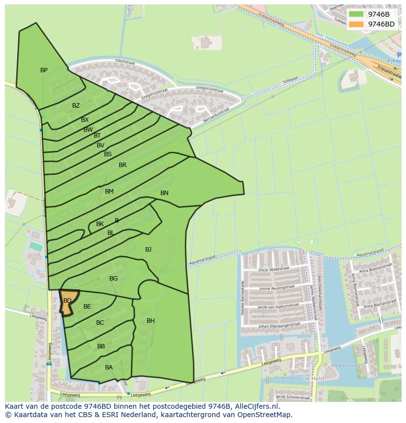 Afbeelding van het postcodegebied 9746 BD op de kaart.