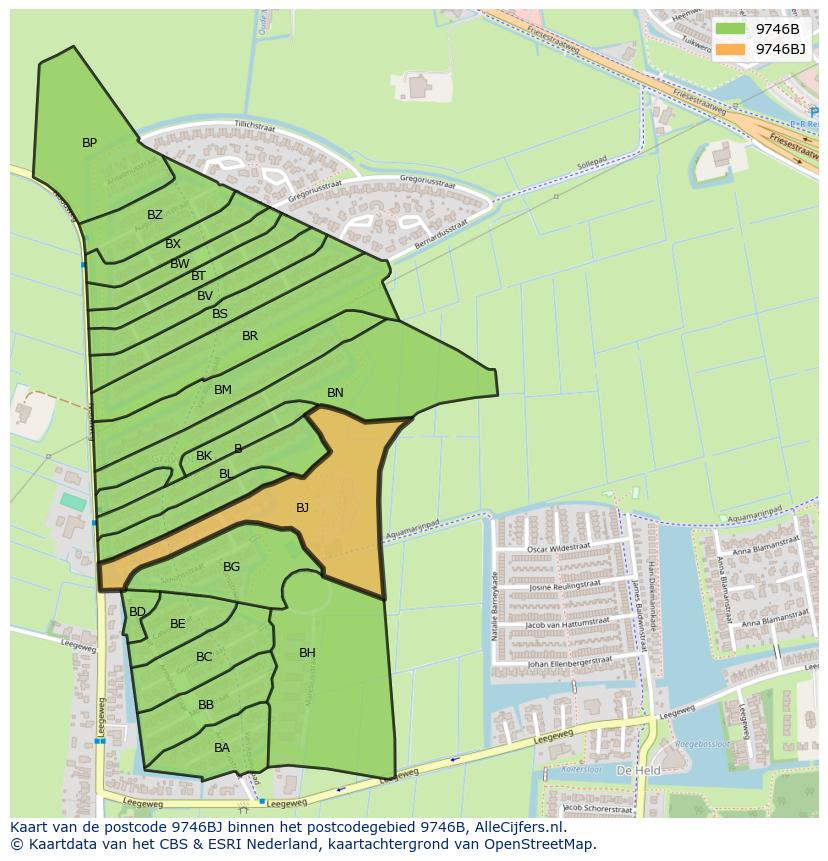 Afbeelding van het postcodegebied 9746 BJ op de kaart.
