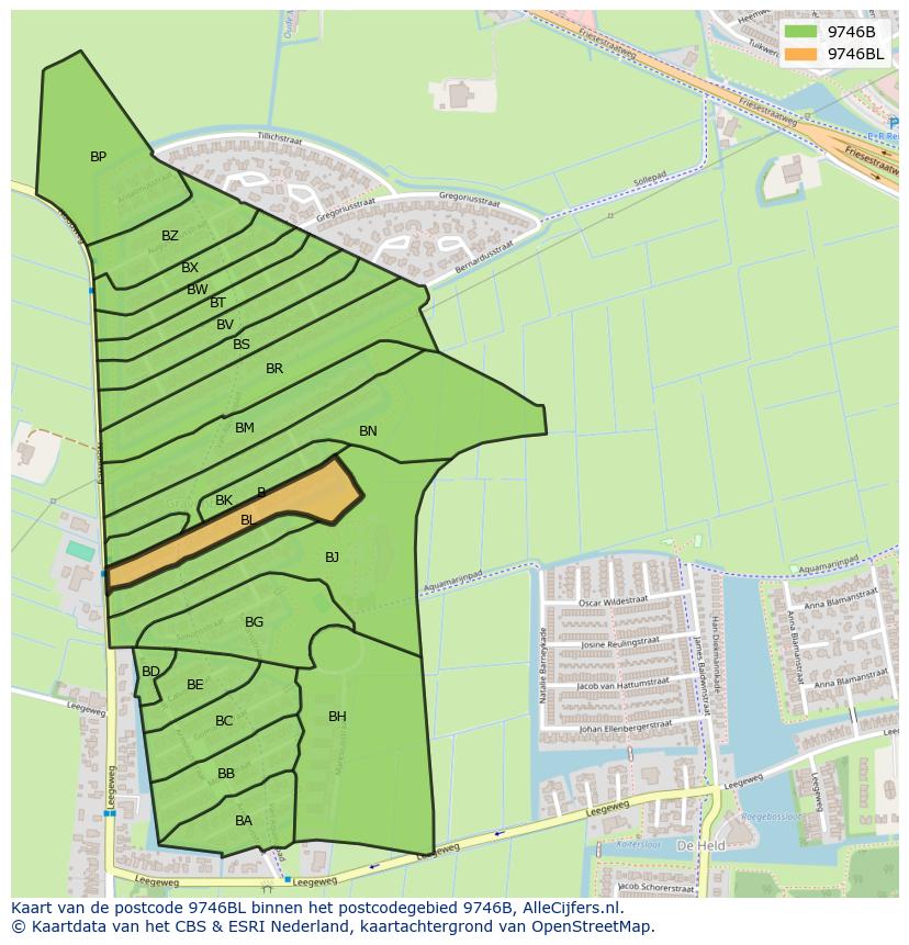 Afbeelding van het postcodegebied 9746 BL op de kaart.