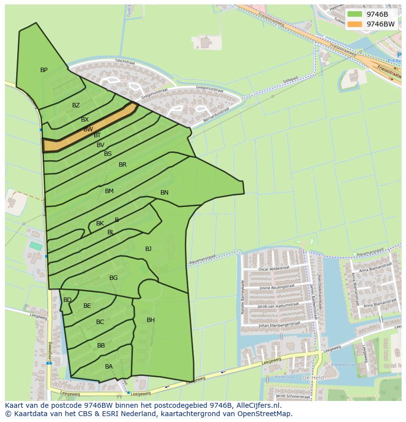 Afbeelding van het postcodegebied 9746 BW op de kaart.
