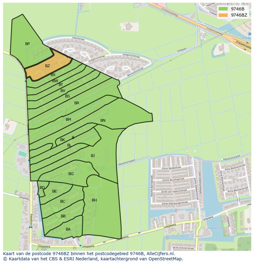 Afbeelding van het postcodegebied 9746 BZ op de kaart.