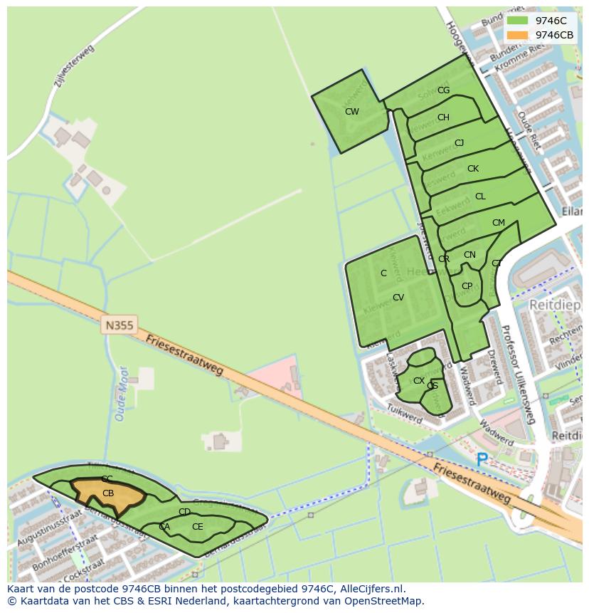 Afbeelding van het postcodegebied 9746 CB op de kaart.