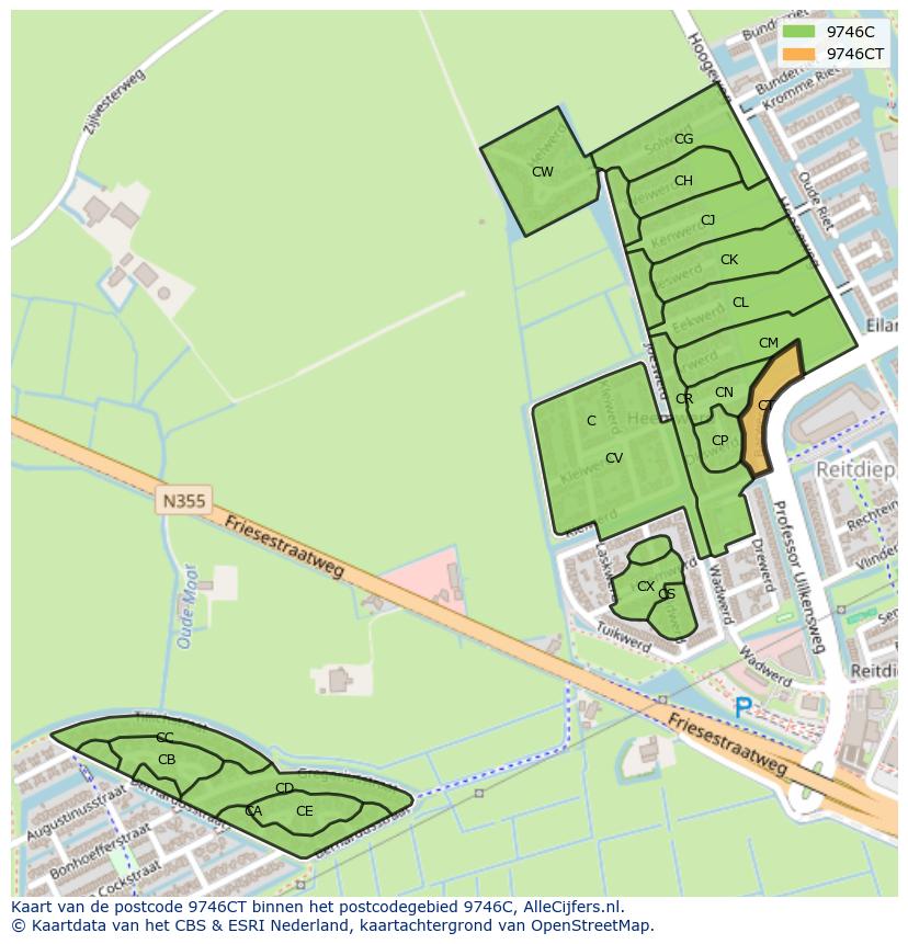 Afbeelding van het postcodegebied 9746 CT op de kaart.