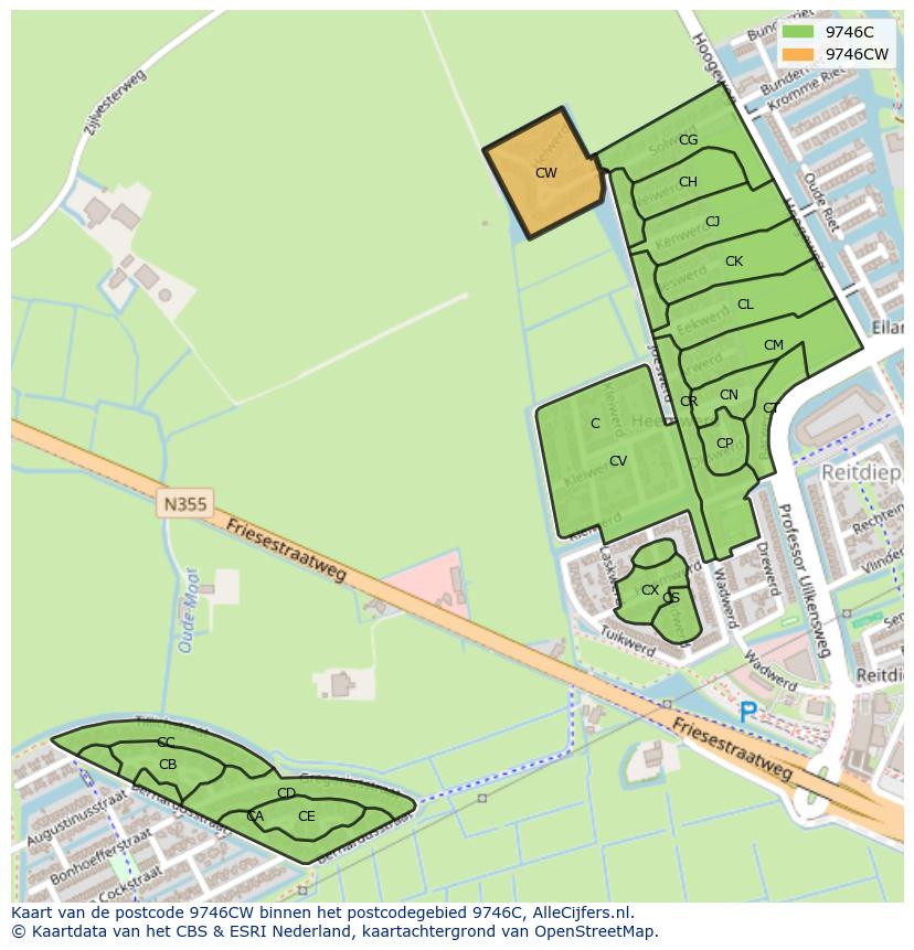Afbeelding van het postcodegebied 9746 CW op de kaart.