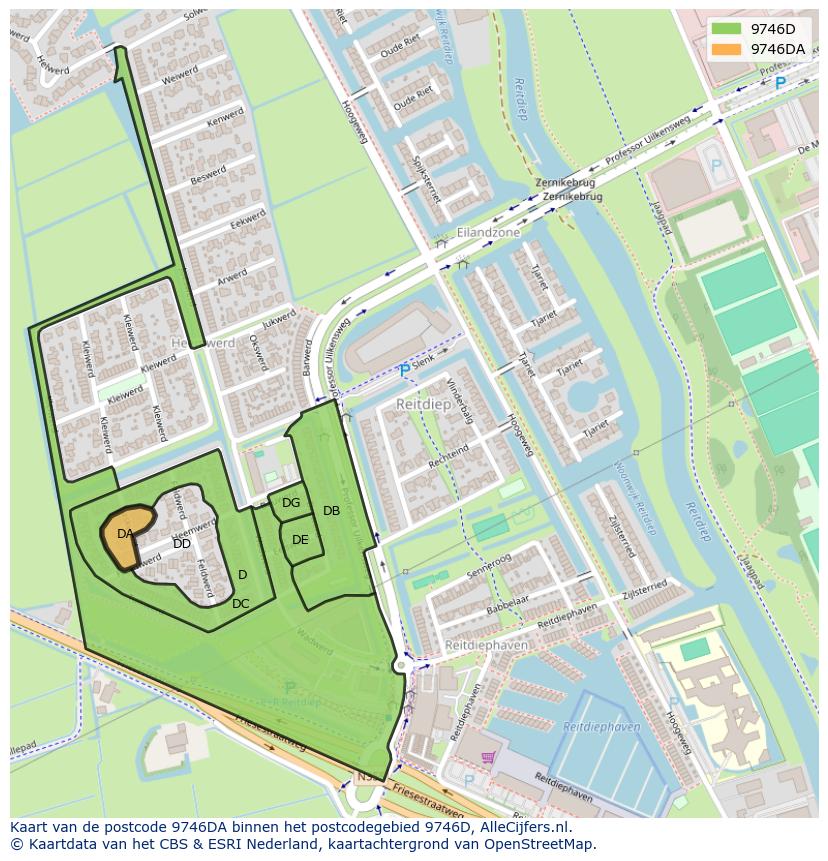 Afbeelding van het postcodegebied 9746 DA op de kaart.