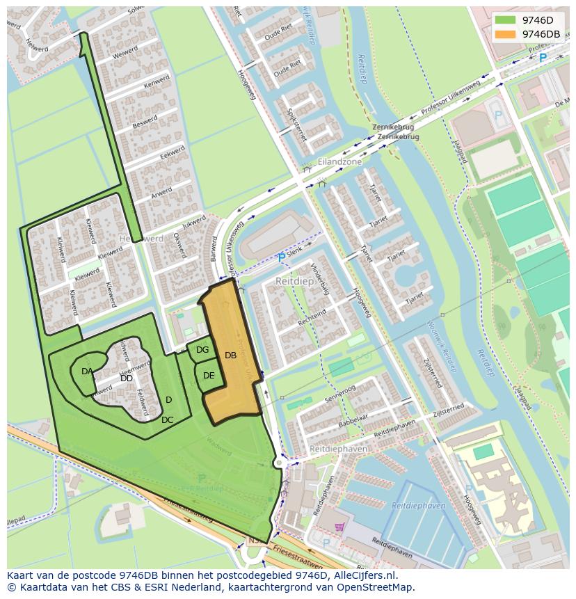 Afbeelding van het postcodegebied 9746 DB op de kaart.