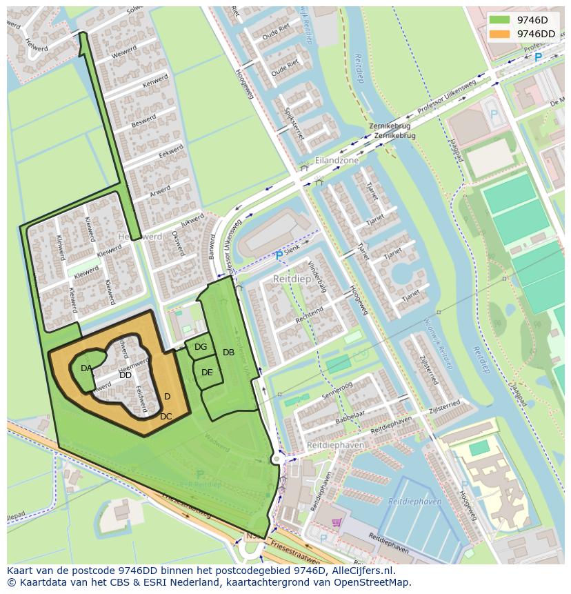 Afbeelding van het postcodegebied 9746 DD op de kaart.
