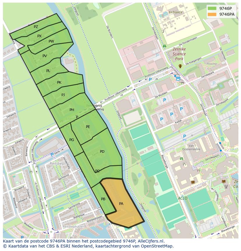 Afbeelding van het postcodegebied 9746 PA op de kaart.