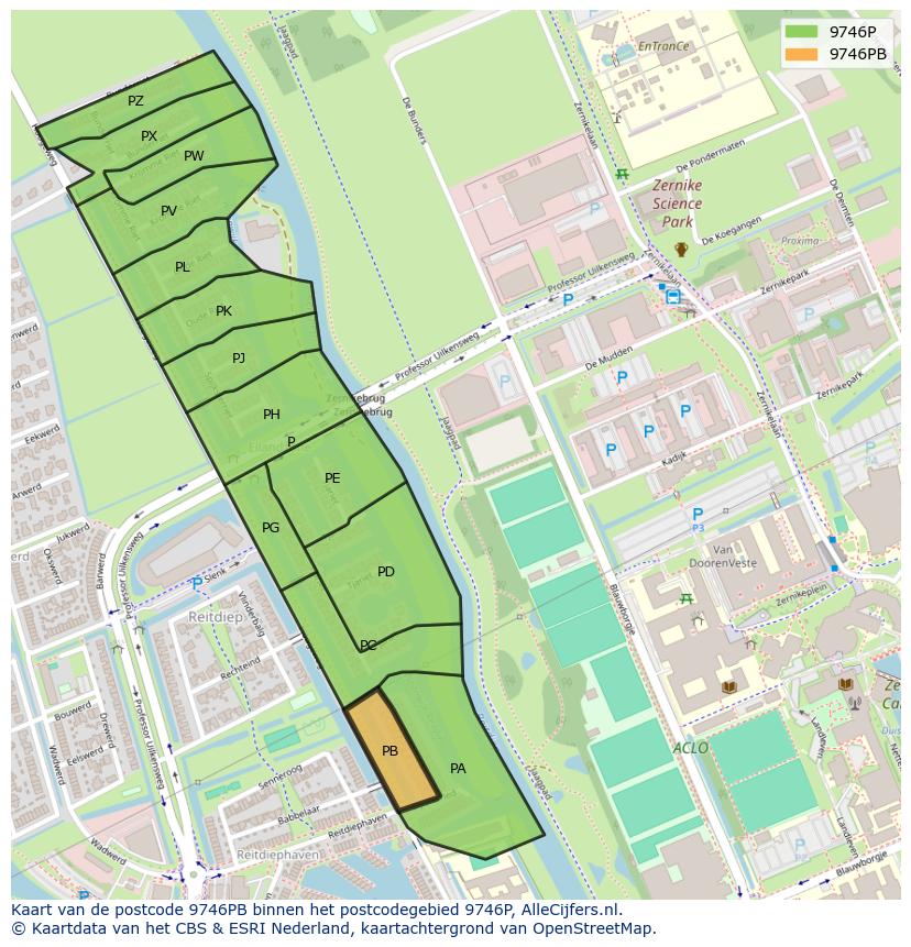 Afbeelding van het postcodegebied 9746 PB op de kaart.