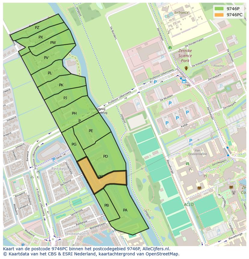 Afbeelding van het postcodegebied 9746 PC op de kaart.