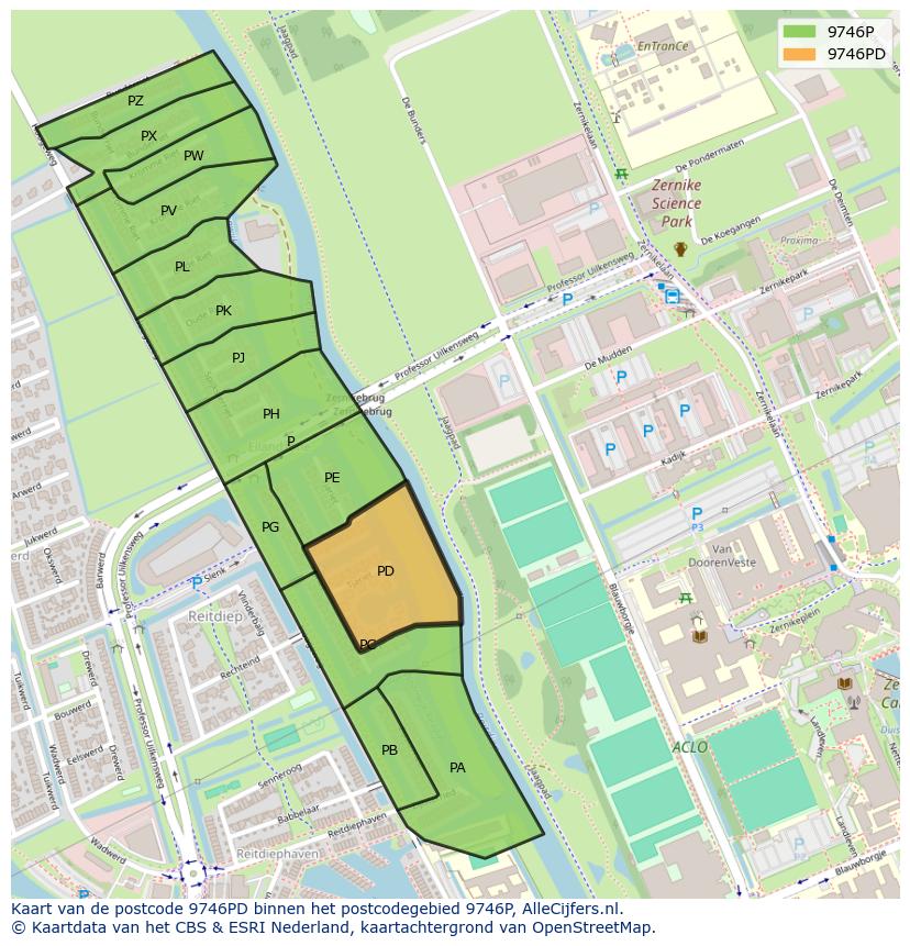 Afbeelding van het postcodegebied 9746 PD op de kaart.