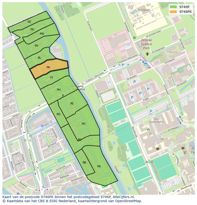 Afbeelding van het postcodegebied 9746 PK op de kaart.