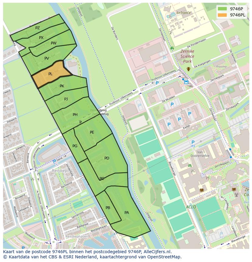 Afbeelding van het postcodegebied 9746 PL op de kaart.