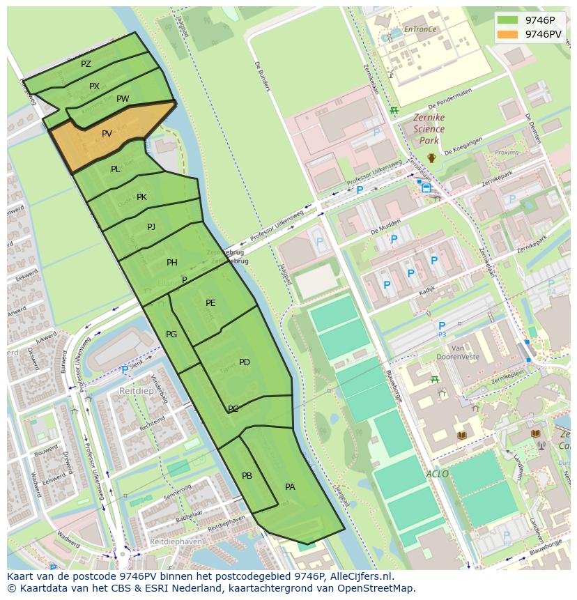 Afbeelding van het postcodegebied 9746 PV op de kaart.