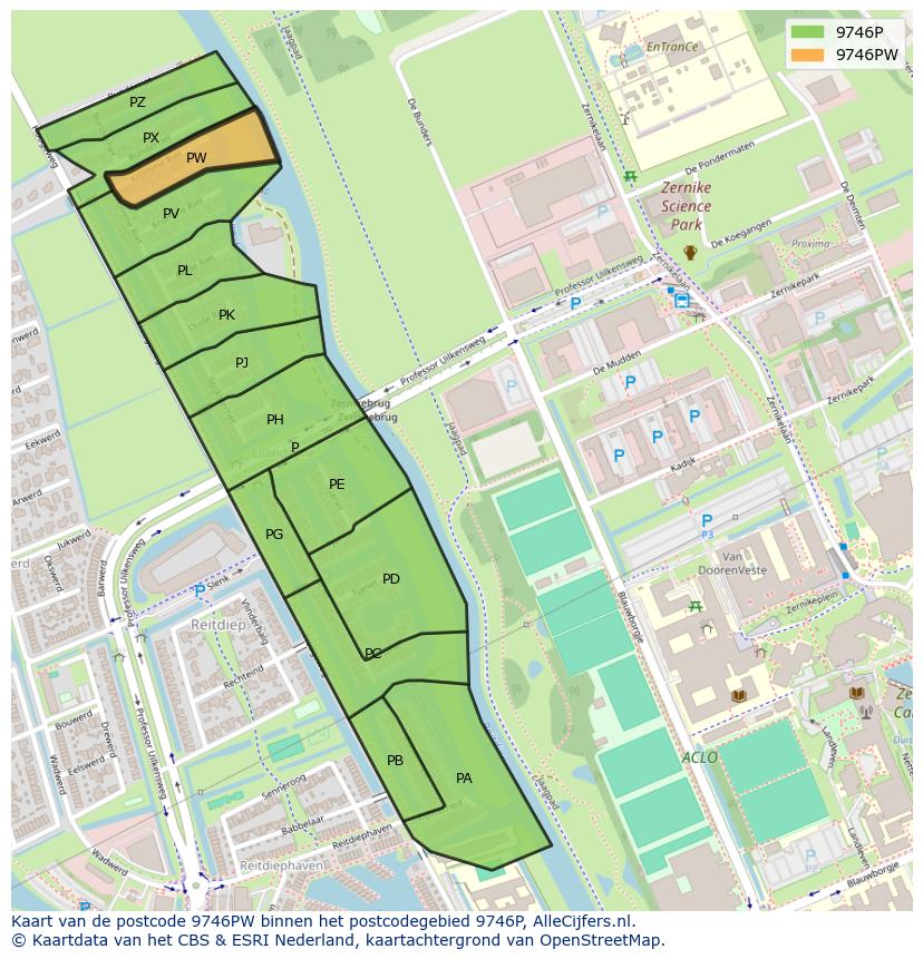 Afbeelding van het postcodegebied 9746 PW op de kaart.