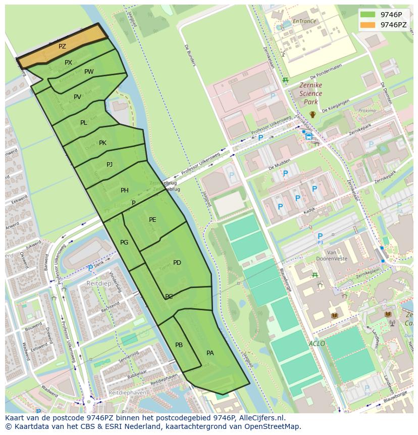 Afbeelding van het postcodegebied 9746 PZ op de kaart.