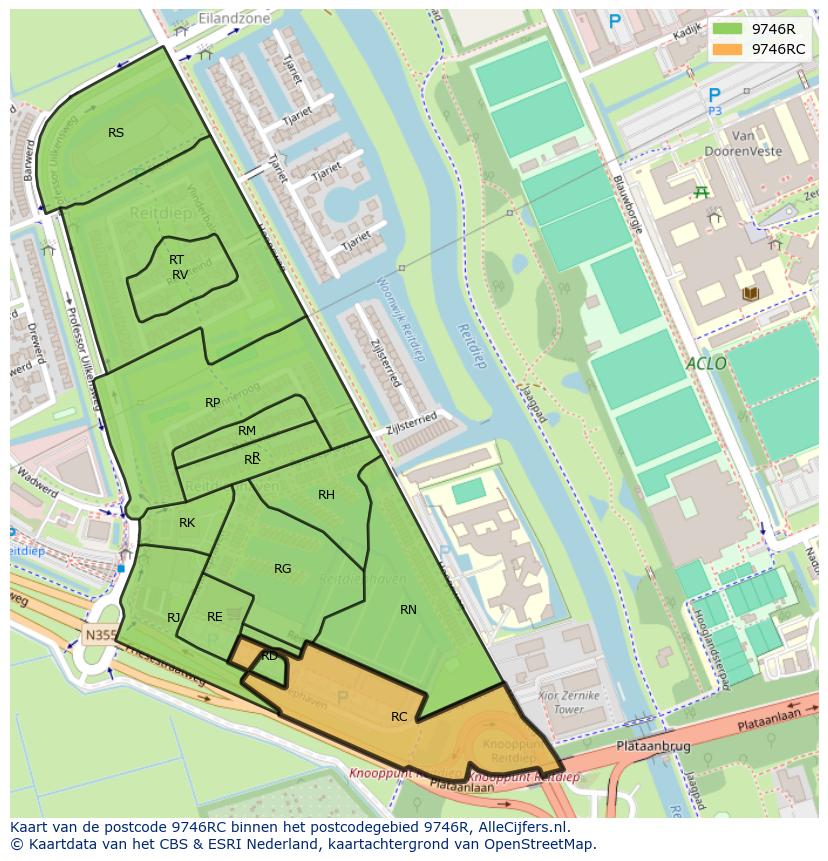 Afbeelding van het postcodegebied 9746 RC op de kaart.