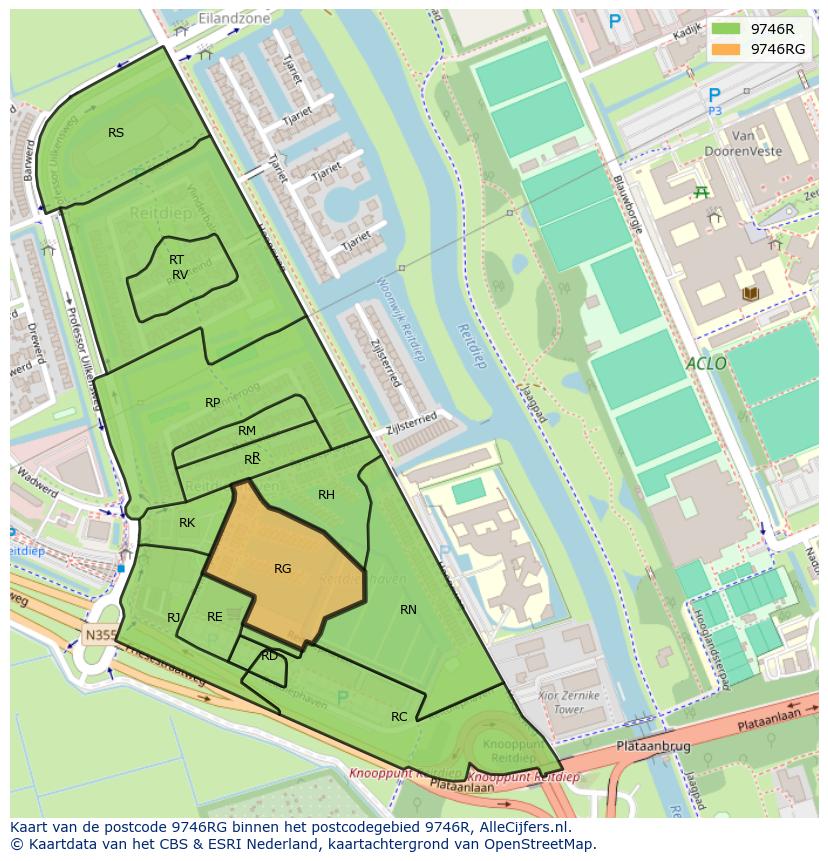 Afbeelding van het postcodegebied 9746 RG op de kaart.
