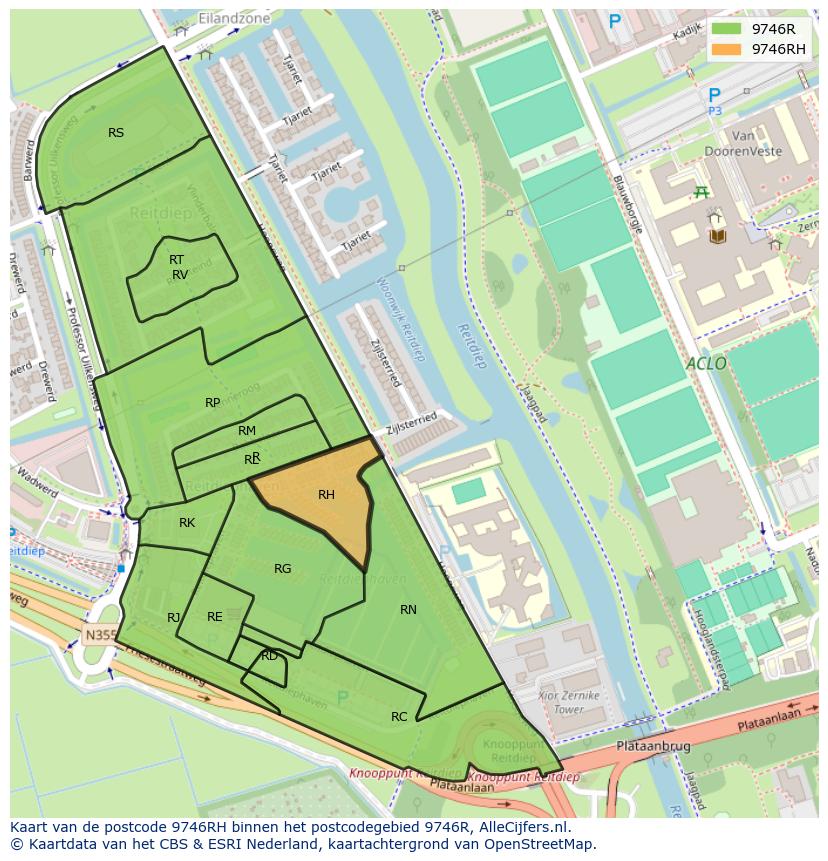 Afbeelding van het postcodegebied 9746 RH op de kaart.