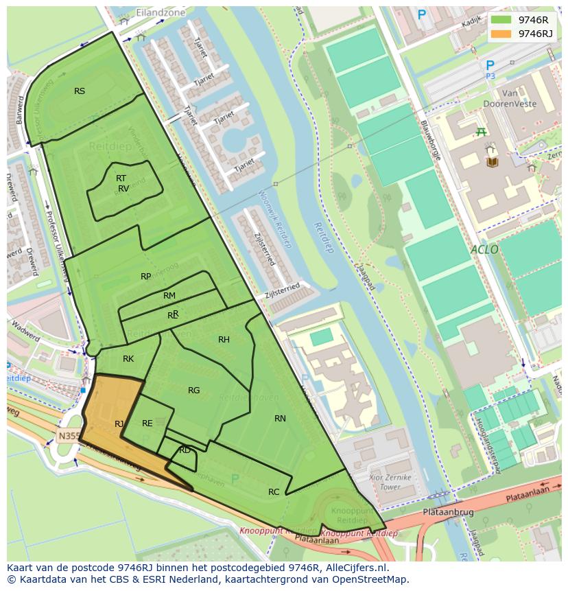 Afbeelding van het postcodegebied 9746 RJ op de kaart.