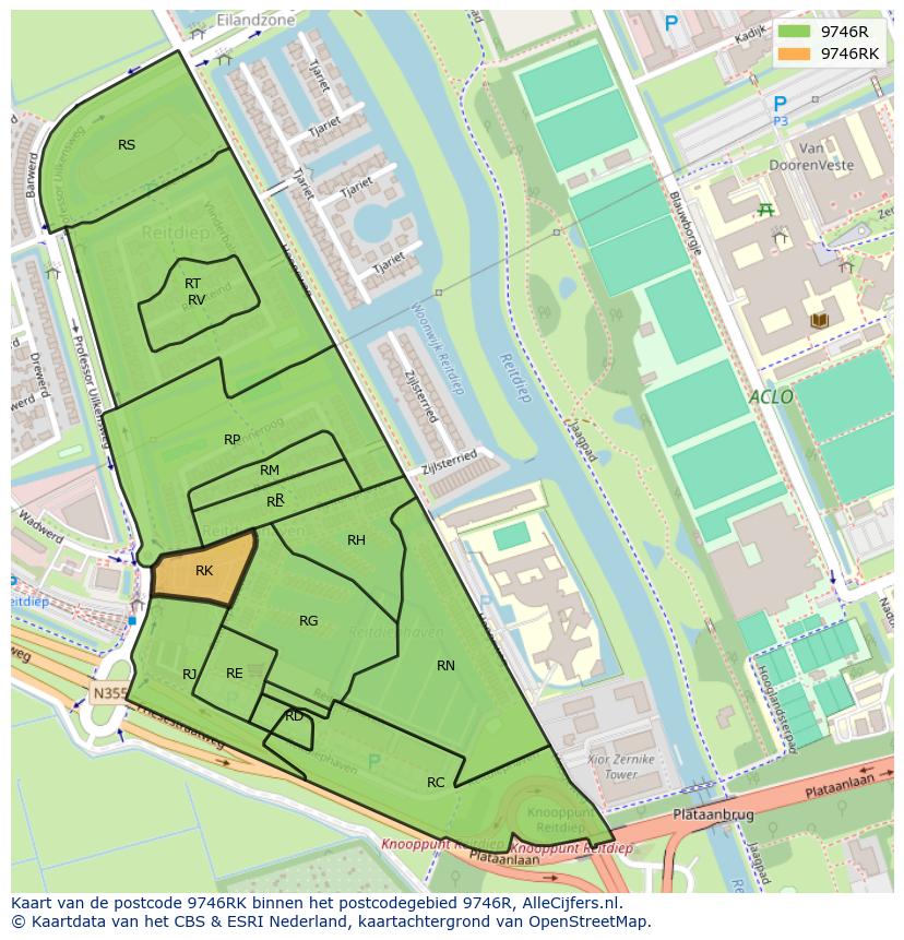 Afbeelding van het postcodegebied 9746 RK op de kaart.
