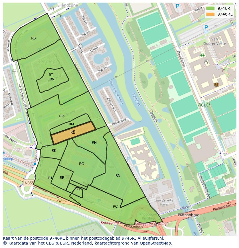 Afbeelding van het postcodegebied 9746 RL op de kaart.