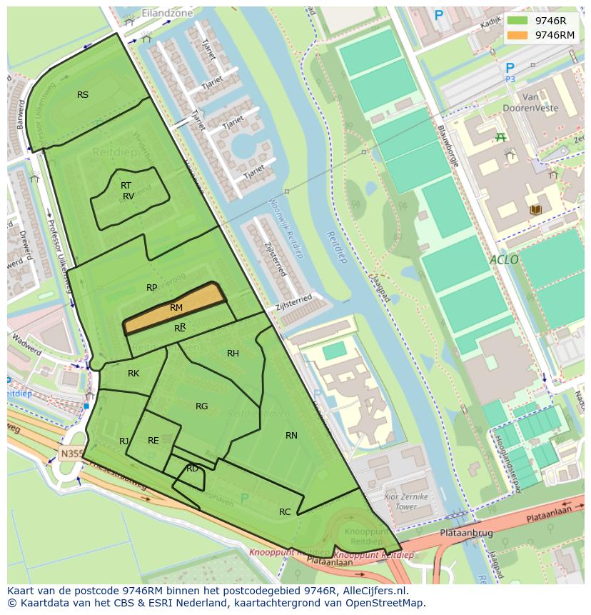 Afbeelding van het postcodegebied 9746 RM op de kaart.