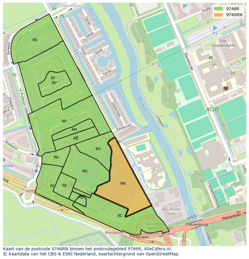 Afbeelding van het postcodegebied 9746 RN op de kaart.