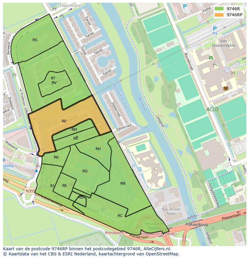 Afbeelding van het postcodegebied 9746 RP op de kaart.