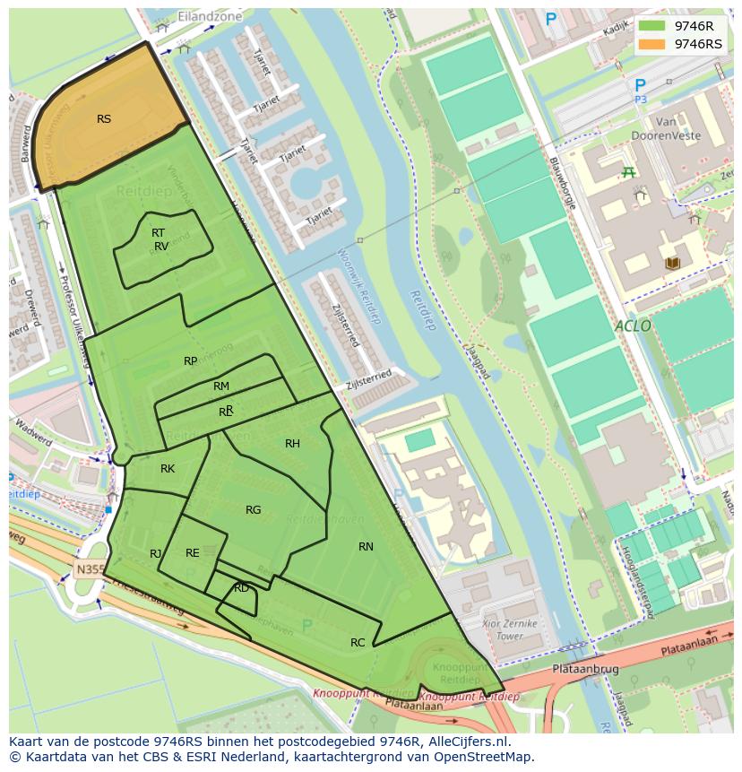 Afbeelding van het postcodegebied 9746 RS op de kaart.