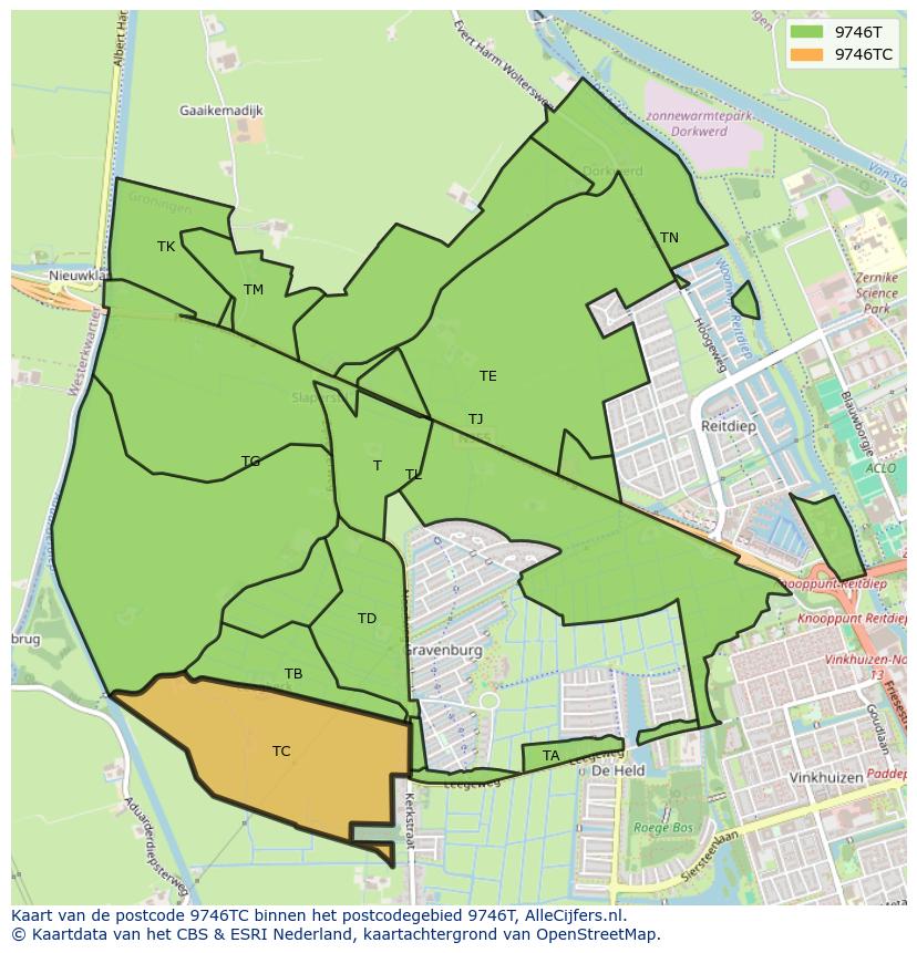 Afbeelding van het postcodegebied 9746 TC op de kaart.