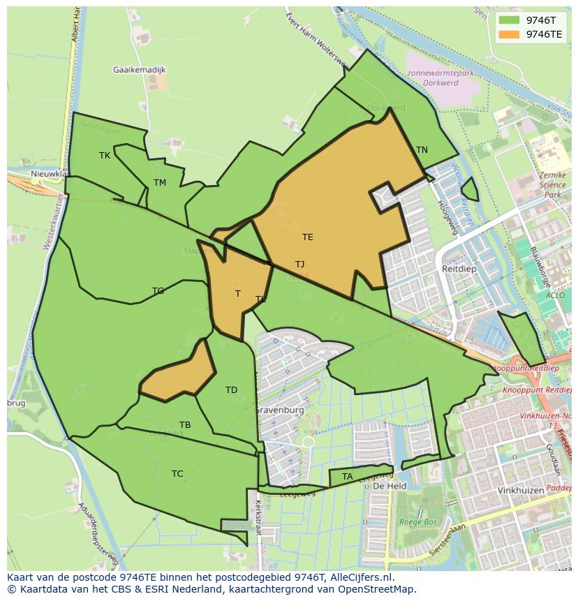 Afbeelding van het postcodegebied 9746 TE op de kaart.