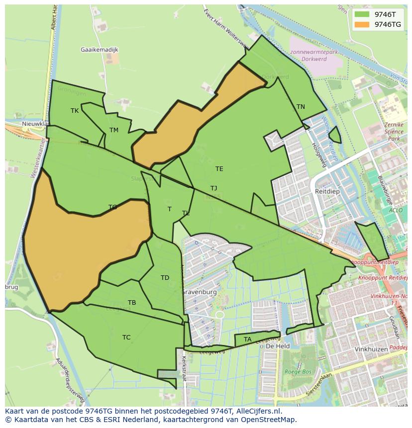 Afbeelding van het postcodegebied 9746 TG op de kaart.