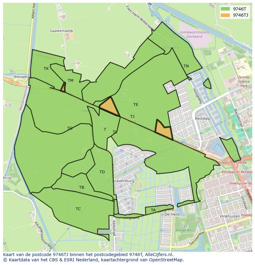 Afbeelding van het postcodegebied 9746 TJ op de kaart.