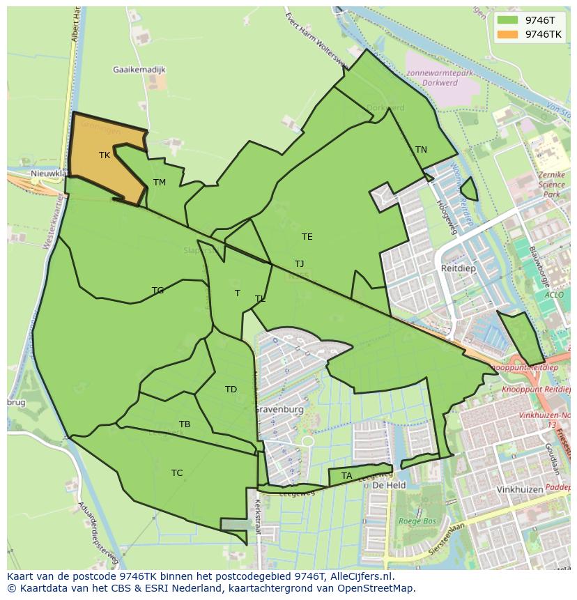 Afbeelding van het postcodegebied 9746 TK op de kaart.