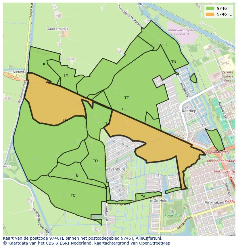 Afbeelding van het postcodegebied 9746 TL op de kaart.