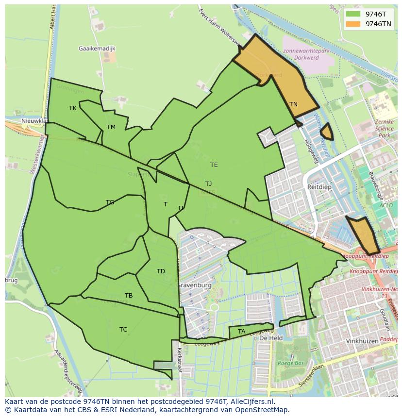 Afbeelding van het postcodegebied 9746 TN op de kaart.