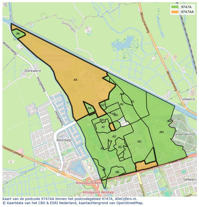 Afbeelding van het postcodegebied 9747 AA op de kaart.