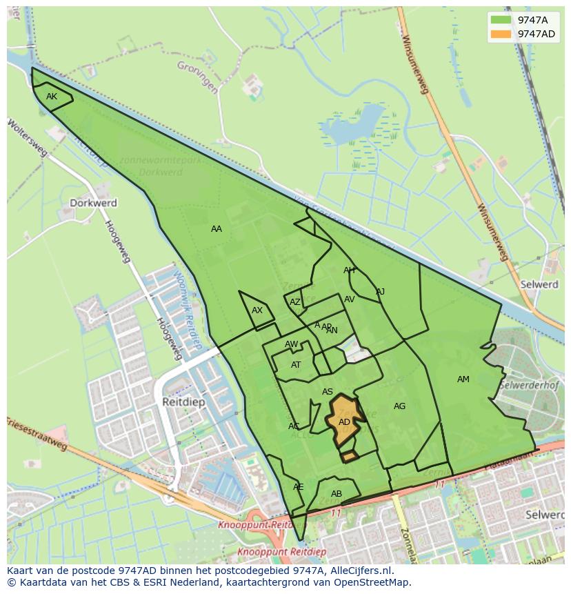 Afbeelding van het postcodegebied 9747 AD op de kaart.