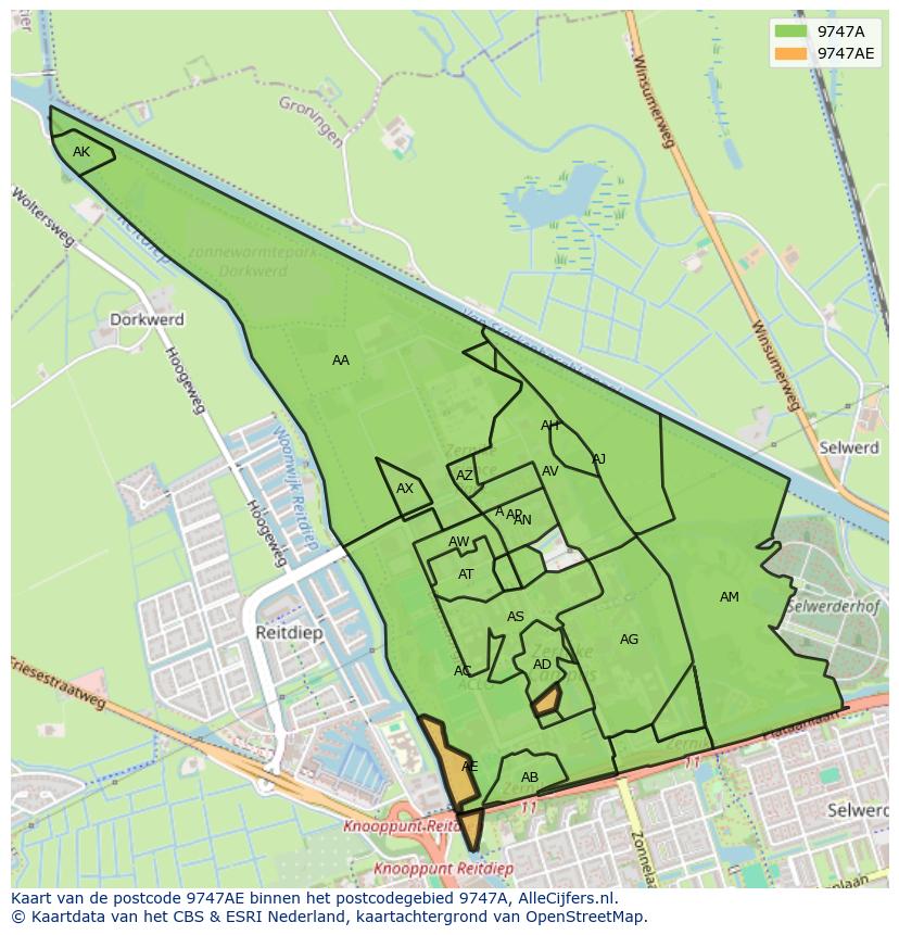 Afbeelding van het postcodegebied 9747 AE op de kaart.