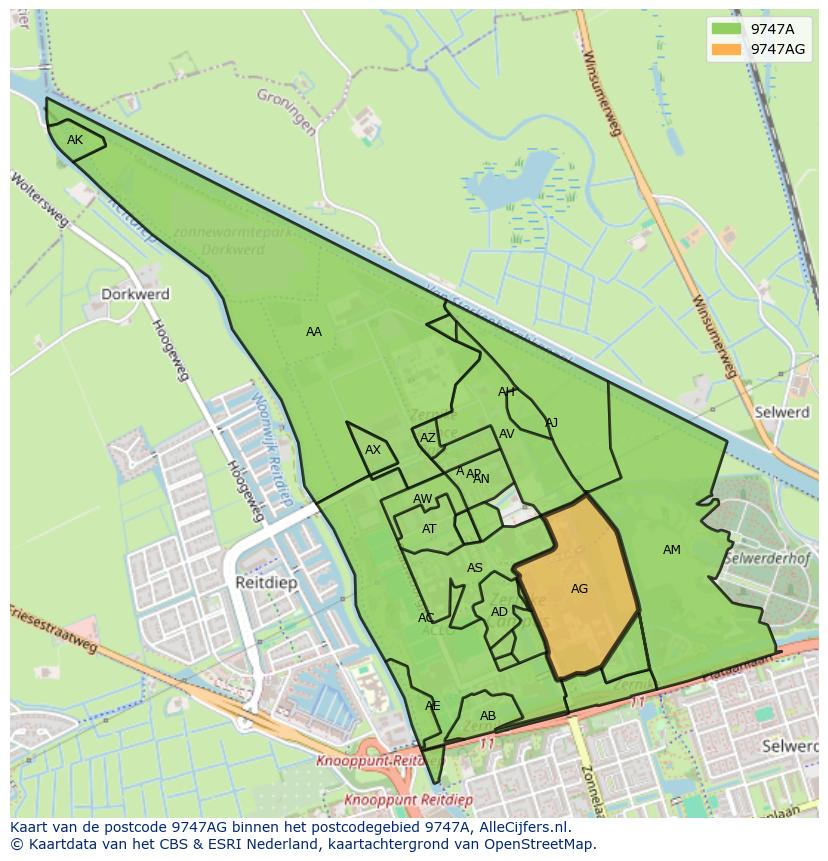 Afbeelding van het postcodegebied 9747 AG op de kaart.