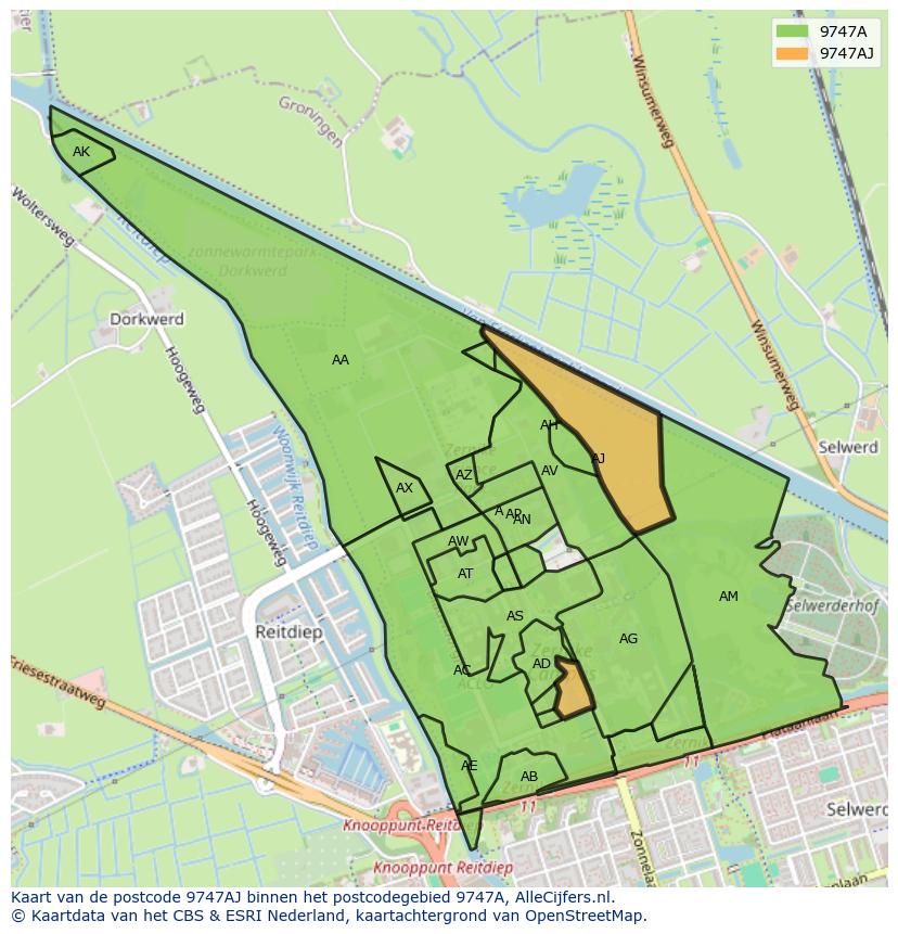 Afbeelding van het postcodegebied 9747 AJ op de kaart.