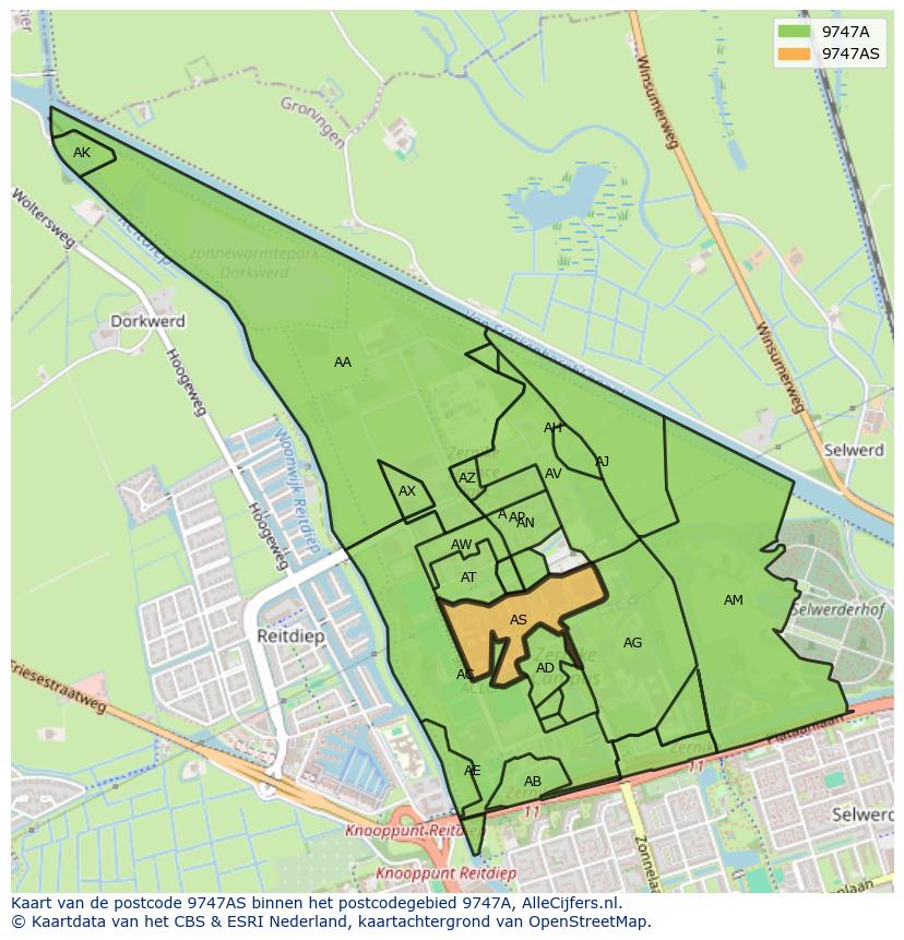 Afbeelding van het postcodegebied 9747 AS op de kaart.